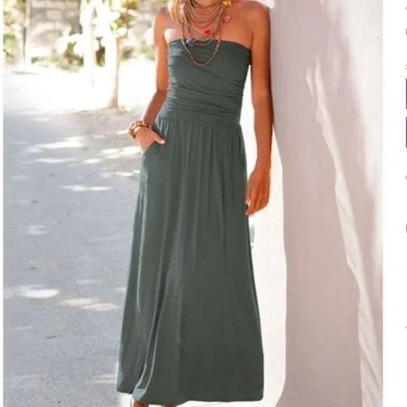 LASCANA Dresses & Skirts - LASCANA Womens Dress Size 2 Green Strapless Maxi Pockets Viscose Elastic Waist